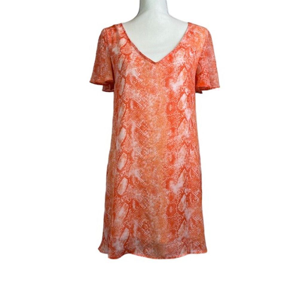 Judith March Snakeskin Print Ruffle Sleeve V-Neck Mini Dress Orange White Small